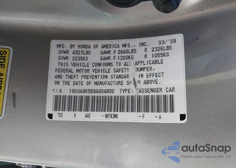2009 Acura Tl 3.7 z USA, uszkodzony, nr VIN 19UUA96589A004800